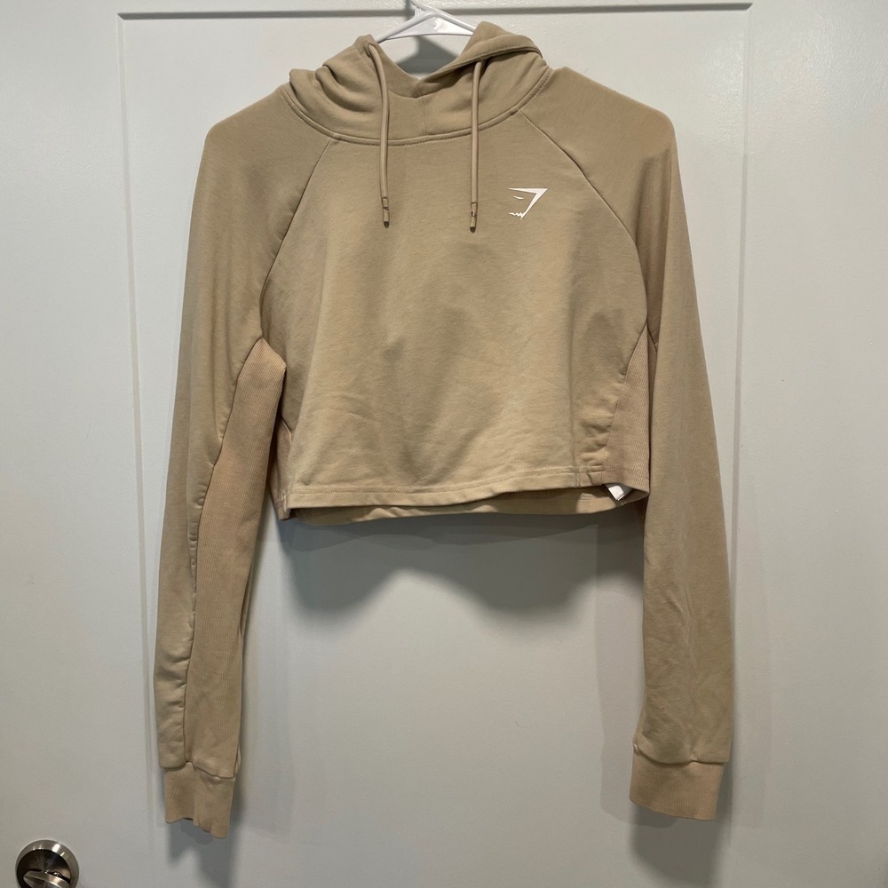 Gymshark Womens Tan Beige Cropped Hoodie Raglan Pullover Sweatshirt Size S